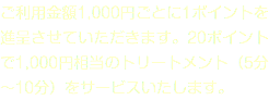 ご利用金額1,000円ごとに1ポイントを進呈させていただきます。20ポイントで1,000円相当のトリートメント（5分～10分）をサービスいたします。